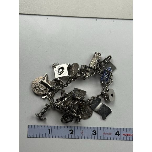 Vintage Sterling Silver Charm Bracelet 7.5" 25 Charms Travel Religious Phone - Picture 2 of 10